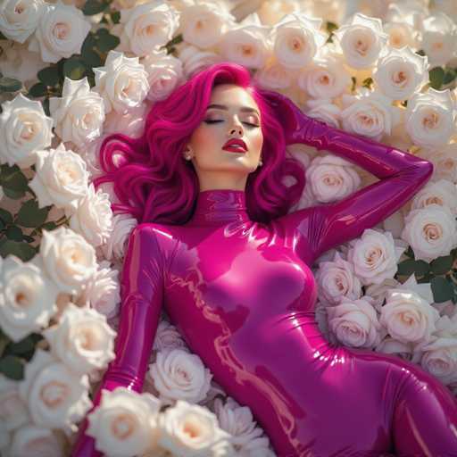 The image features a beautiful woman with pink hair lying down in a bed of white roses. She is wearing a shiny, metallic outfit that complements her vibrant hair color and the overall aesthetic of the scene. The combination of the pink hair, the shiny outfit, and the white roses creates an eye-catching and visually appealing composition.