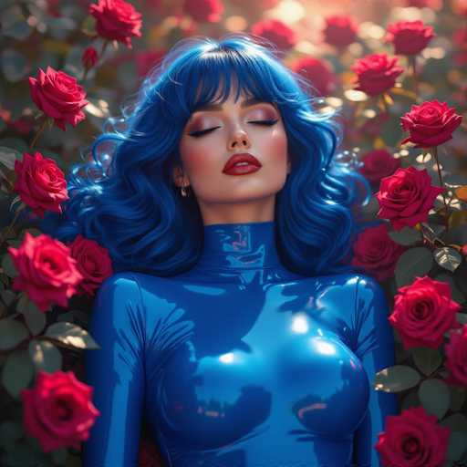 The image features a beautiful woman with blue hair and a blue outfit, surrounded by red roses. She is lying down in the middle of the flowers, appearing to be at ease and enjoying her surroundings. The vibrant colors of both the woman's hair and the roses create a striking contrast against each other, making the scene visually appealing.