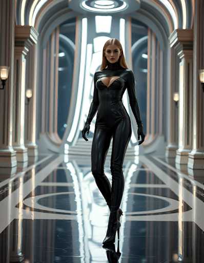 A woman is walking down an aisle with a futuristic design and neon lights on the ceiling. She is wearing a black leather outfit that includes high heels.