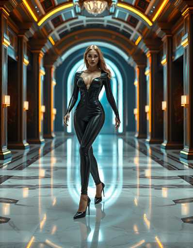 A woman is walking down an ornate hallway with a large archway on the left side and a chandelier hanging from the ceiling above her. She is wearing a black leather outfit that includes high heels.