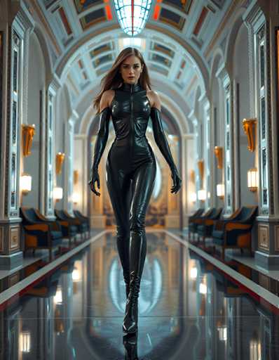 A woman is walking down an ornate hallway with a high ceiling and large windows on either side. She is wearing a black leather outfit that includes a corset top and thigh-high boots. The hallway has a polished marble floor and gold accents, including chandeliers hanging from the ceiling.