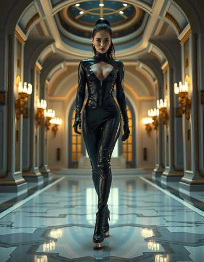 A woman is walking down an aisle with a high ceiling and large windows that allow natural light to flood the space. She is wearing a black leather outfit consisting of a tight bodysuit with a cutout on the chest area and high heels. The background features gold accents and chandeliers, creating an opulent atmosphere.