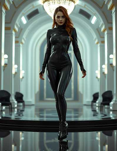A woman wearing a black leather outfit stands confidently on a black platform with her arms crossed and legs apart, positioned in front of a large chandelier that illuminates the room.