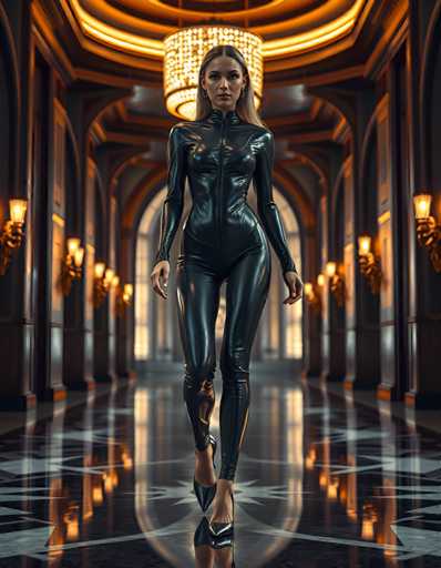 A woman is walking down an ornate hallway with a chandelier hanging from the ceiling and gold accents on the walls. She is wearing a black leather outfit that includes a zipper running down the center of her pants. The floor beneath her feet reflects light, adding to the overall ambiance of the space.