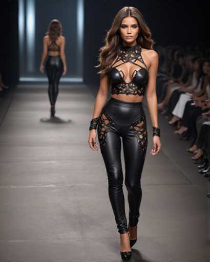 The image shows a woman walking down a runway wearing a black leather outfit with cutouts on the legs and top. The model is positioned in front of a white background, which contrasts with her dark attire. In the background, there are other models also dressed in similar outfits, suggesting that this could be part of an event or fashion show.