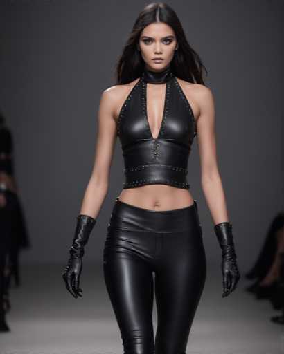 The image shows a woman wearing a black leather outfit with a high neckline and cuffs. She is standing on a runway, posing for the camera. The background of the image is blurred, but it appears to be a fashion show setting or a similar event where models showcase their attire.