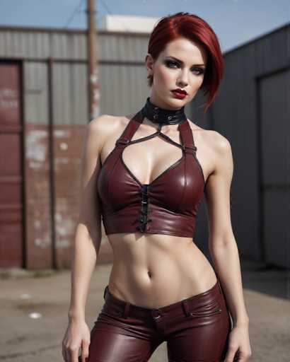 A woman with red hair and a leather outfit stands confidently against a gray building backdrop. She is wearing a black leather top and pants that contrast with her vibrant red hair. The woman's pose suggests she is posing for the camera, with one hand on her hip and the other resting casually on her thigh.