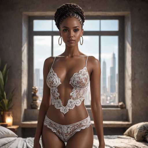 A woman is standing on a bed with her back to the camera. She is wearing a white lace bodysuit and matching thong, which contrasts with the beige headboard of the bed behind her. The room has large windows that offer a view of the city skyline outside.