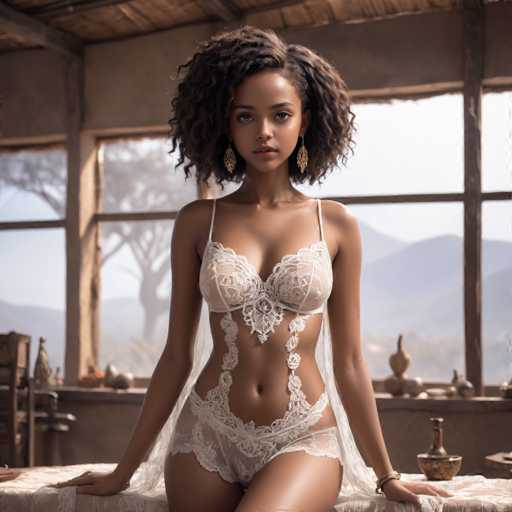 A woman with curly hair is seated at a table covered with a white lace tablecloth and surrounded by various objects including vases and bowls. She is wearing a white lace bra and panties, and gold earrings. The setting appears to be an indoor space with wooden walls and a window offering a view of mountains in the distance.