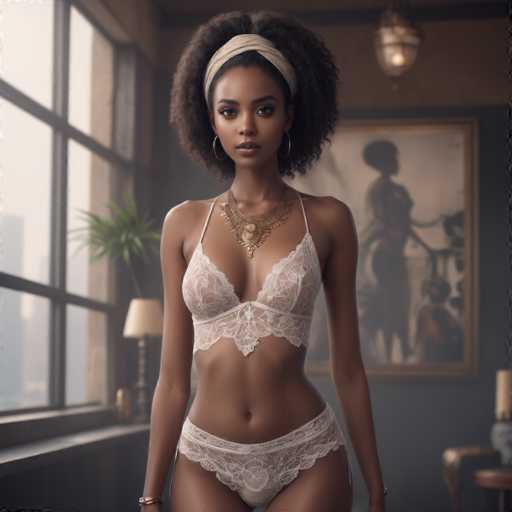 A woman with an afro hairstyle is standing in a room with large windows and a painting on the wall behind her. She is wearing a white lace bra top and matching underwear, which contrasts with the dark blue walls of the room. The woman has a gold necklace around her neck, adding a touch of elegance to her appearance.