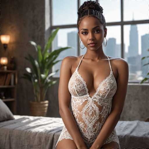 A woman is seated on a bed with her legs crossed and wearing a white lace bodice over a sheer top. She has dark hair styled into braids and is looking directly at the camera. The room features a window that offers a view of a city skyline in the background, suggesting an urban setting or high-rise apartment.