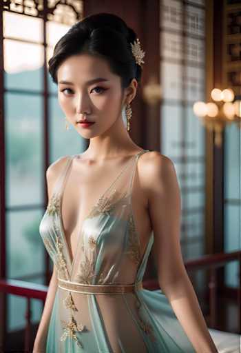 A young woman stands elegantly against a backdrop of a window with a view of trees and mountains. She is wearing a light blue dress adorned with gold embroidery that cascades down to her feet. The woman's hair is styled in an updo, and she wears earrings and a headband as part of her outfit.