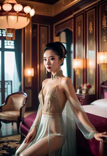A woman is seated on a bed with a gold and red patterned comforter. She is wearing a white dress with a gold bodice and long sleeves that fall down to her knees. The room has a chandelier hanging from the ceiling and a window with curtains, allowing natural light to enter the space.
