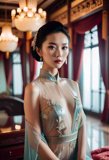 A woman is standing in front of a window with red curtains and a gold-colored door frame. She is wearing a blue dress adorned with white flowers on the bodice and a matching blue skirt. The woman has her hair styled in an elegant updo and is wearing earrings that complement her attire.