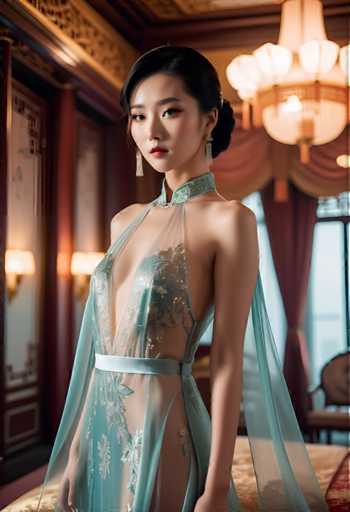 A woman is standing in front of a chandelier and a window with curtains. She is wearing a blue dress that has white flowers on it. The room appears to be a luxurious setting, possibly a hotel or a palace, as indicated by the ornate decorations around her.