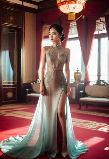 A woman is standing in front of a window with red curtains and a gold chandelier hanging from the ceiling. She is wearing a long, flowing green dress that falls down to her knees, and she has her hair styled in an elegant updo. The room features a wooden floor and walls adorned with intricate designs, creating a luxurious atmosphere.