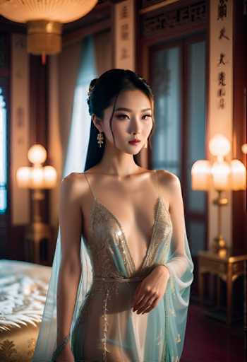 A woman is standing in front of a window with gold curtains and a chandelier hanging from the ceiling. She is wearing a blue dress that has a plunging neckline and long sleeves. The background features a wooden wall adorned with Chinese characters.