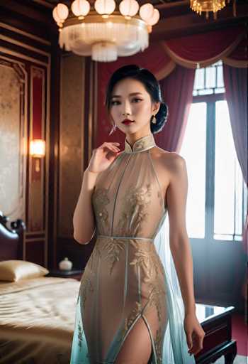 A woman is standing in front of a window with her hands on her hips and looking directly at the camera. She is wearing a light blue dress with gold accents that features a high neckline and a slit up the side. The room has red walls and a chandelier hanging from the ceiling, creating an elegant atmosphere.