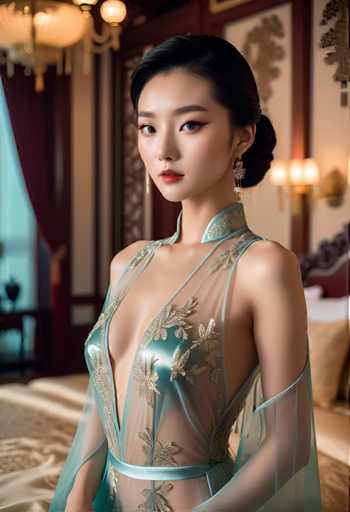 A woman is standing against a backdrop of a room with a large window and a chandelier hanging from the ceiling. She is wearing a blue dress with gold embroidery on the bodice and sheer fabric that falls to her knees. The woman has dark hair styled in an updo, and she is wearing earrings.