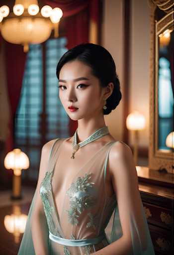 A young woman is captured in a moment of quiet elegance against the backdrop of an opulent room with red curtains and gold accents. She wears a light blue dress that falls just below her knees, accentuated by a necklace and earrings. The room features a large mirror on one wall and a wooden cabinet on another, both adorned with gold accents. A chandelier hangs from the ceiling, casting a warm glow throughout the space.