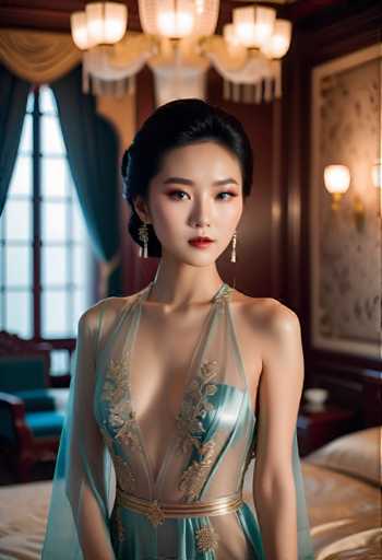 A woman is standing in front of a large window with gold curtains and a painting on the wall behind her. She is wearing a blue dress with gold embroidery that falls to her knees, and she has her hair styled in an elegant updo. The room features a wooden floor and a bed draped with a white comforter.