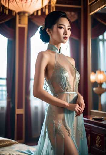 A woman is standing in front of a mirror wearing a blue dress with gold embroidery and a high neckline. The room has red curtains on the windows and a wooden floor.