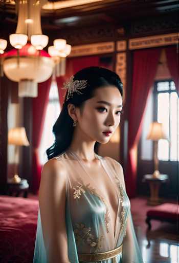 A woman is standing in front of a red curtain and a window with white curtains in an ornate room. She is wearing a blue dress with gold accents that features a floral pattern on the bodice. The woman has her hair styled in an elegant updo and she is looking directly at the camera, suggesting a moment of quiet contemplation or deep thought.