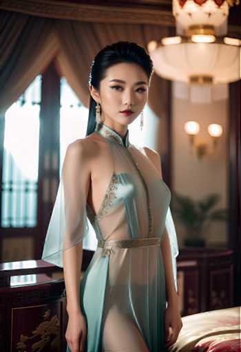 A woman is standing in front of a window with a gold curtain and a chandelier hanging from the ceiling. She is wearing a blue dress that has a sheer skirt and a cinched waistline at the bottom. The background features a wooden paneled wall with a red carpet, creating an elegant setting for her pose.