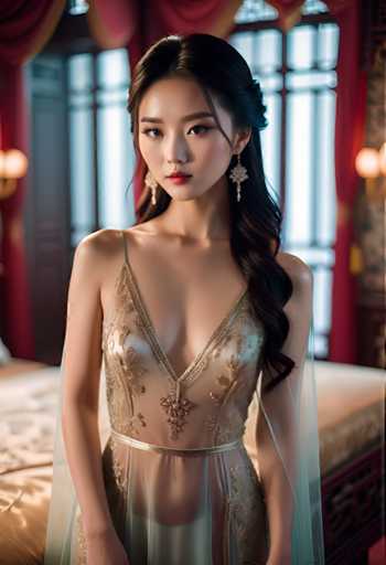 A young woman stands elegantly against a backdrop of a red curtain and a bed with white sheets. She wears a gold dress that features a deep V-neckline and a long train, paired with earrings and a necklace. The room has a window on the left side, allowing natural light to illuminate the space.