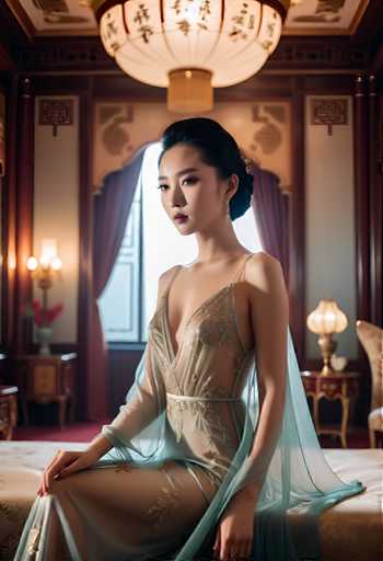A woman is seated on a bed with her legs crossed and wearing a long, flowing dress that reaches down to the floor. The room has a high ceiling with a chandelier hanging from it, and a window with curtains can be seen in the background.