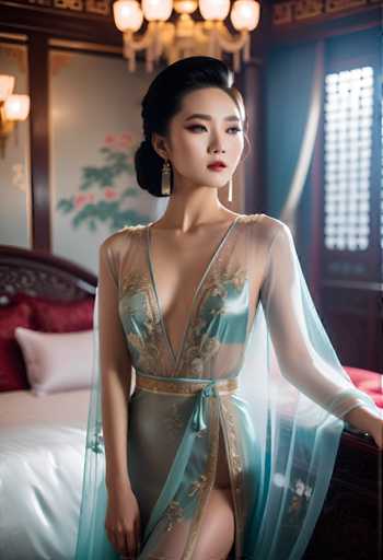 A woman is standing in front of a window with her arms crossed and legs apart, wearing a blue dress with gold accents that includes a sheer skirt and a corset top. The room has dark wood paneling on the walls and a red bedspread on the bed next to it.
