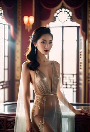 A woman is standing on a balcony with her back to the camera, wearing a gold dress that has a sheer overlay and intricate embroidery along the neckline and skirt. The balcony is situated in front of a window adorned with red curtains, which allows natural light to illuminate the scene.