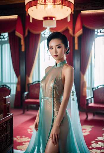 A woman is standing in front of a window with red curtains and gold accents, wearing a blue dress with a sheer overlay that reveals her legs. She has dark hair styled in an updo and is looking directly at the camera.