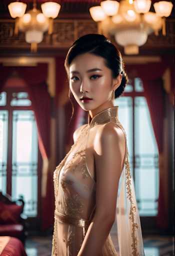The image shows a woman wearing an elegant gold dress with intricate beading and a corset-like top. She is positioned against the backdrop of a room with red curtains and a chandelier hanging from the ceiling. The lighting in the room casts soft shadows on her figure, highlighting her beauty and grace.