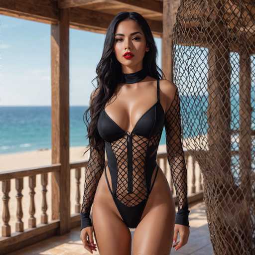 A woman is standing on a balcony with her back facing the camera. She is wearing a black fishnet bodysuit and red lipstick. The balcony has a wooden railing and a view of the ocean.