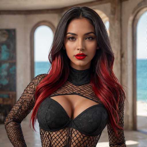 A woman with long red hair and a black fishnet top is the main subject of this image. She has striking red lipstick on her lips and is wearing a black top that features a mesh design. The background shows an interior space with arched windows and a blue wall, suggesting it could be a room or studio within a building.