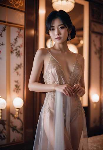 A woman is standing in front of a mirror with her hands on her hips and looking directly at the camera. She is wearing a white dress with a sheer skirt that falls down to her knees, and she has long dark hair styled in an elegant updo. The room behind her features ornate wallpaper with intricate designs, and there are two lamps hanging from the ceiling, casting a warm glow on the scene.