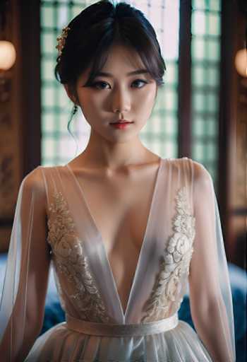 A young woman is captured in a moment of quiet contemplation, her gaze directed off to the side with an air of serene concentration. She is adorned in a white dress that cascades down to her feet, accentuated by a delicate lace overlay on the bodice and skirt. The dress features a high neckline and long sleeves, adding an elegant touch to her appearance. Her hair is styled in loose waves, complementing the overall aesthetic of the outfit. The setting appears to be indoors, with a window visible in the background that allows soft light to filter into the room, creating a warm and inviting atmosphere.