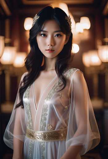A young woman with long dark hair is the central figure in this image. She is wearing a white dress that features gold accents and has her hair styled in an elegant updo. The background of the image is blurred, but it appears to be a room filled with chandeliers, suggesting a grand or luxurious setting.