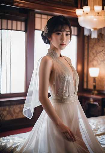 A young woman is captured in a moment of quiet elegance within an ornate room. She is adorned in a white dress that falls gracefully around her form, accentuated by a corset and a veil. The room itself is tastefully decorated with a chandelier hanging from the ceiling, casting a warm glow throughout the space. A window punctuates one wall of the room, allowing natural light to filter in and illuminate the scene.