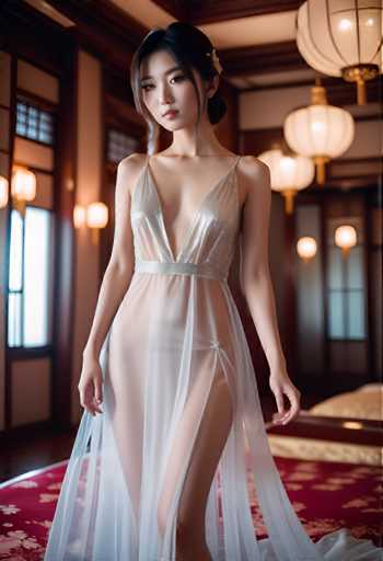 A woman is standing on a bed with her back to the camera wearing a white strapless dress that has a sheer skirt and a halter neckline. The room features wooden paneling and chandeliers hanging from the ceiling, creating an elegant atmosphere.