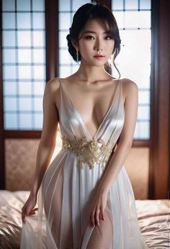 A woman is standing on a bed with her legs crossed and wearing a white dress with gold accents. She has dark hair styled in an updo and is looking directly at the camera. The background features a window with blinds that allow soft light to enter the room.