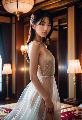 A young woman is captured in a moment of quiet elegance within an opulent room. She stands confidently on the right side of the frame, her gaze directed towards something unseen. Her attire is striking - a white dress that falls to just below her knees and features a sheer skirt that accentuates her figure. The room around her is equally grand, with two lamps casting a warm glow in the background. A window punctuates one wall, allowing natural light to filter into the space.