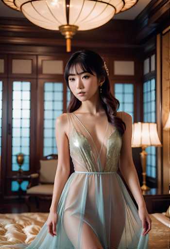A woman is standing in front of a large window with gold trim and a chandelier hanging from the ceiling. She is wearing a blue dress that falls down to her knees, revealing her legs. The room has dark wood paneling on the walls and a beige carpet covering the floor.