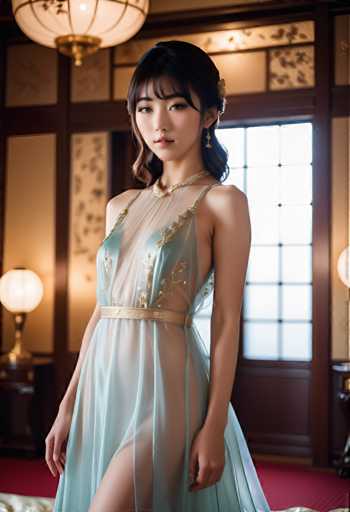 A young woman stands elegantly against a backdrop of a room with a wooden paneled wall and a window adorned with white curtains. She is wearing a light blue dress that features a gold belt cinched at the waist, and her hair is styled in loose waves. The woman's gaze is directed towards the camera, creating an engaging visual connection between the viewer and the subject of the image.