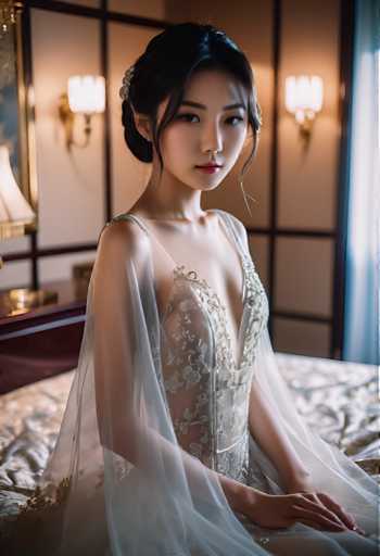 A young woman is seated on a bed with white sheets and a gold headboard. She is wearing a white dress with intricate embroidery and has her hair styled in an elegant updo. The room features a large window that allows natural light to illuminate the space, creating a warm and inviting atmosphere.
