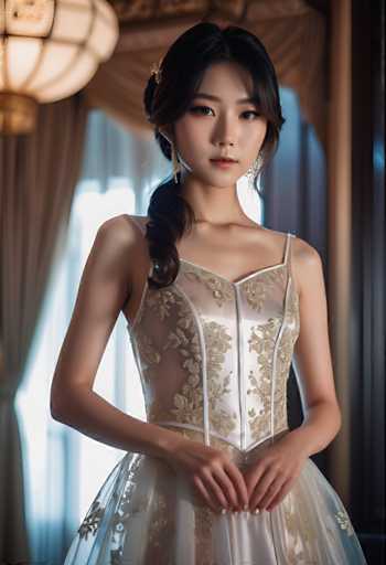 A young woman stands elegantly against a backdrop of a room with a large window and a chandelier hanging from the ceiling. She is wearing a white dress adorned with gold embroidery that cascades down to her feet. The woman's hair is styled in an intricate updo, adding to her overall regal appearance.