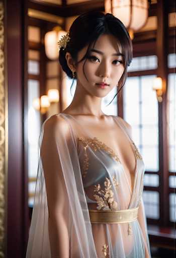 A young woman with dark hair is the central figure in this image. She is wearing a white dress adorned with gold embroidery and has her hair styled in an elegant updo. The background features a wooden paneled wall with a window that allows natural light to enter the room, creating a warm and inviting atmosphere.
