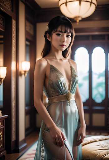 A woman stands in a room with a large window and a gold-framed mirror on the wall behind her. She is wearing a blue dress with a gold belt and a gold headpiece. The room has dark wood paneling and a chandelier hanging from the ceiling, creating an elegant atmosphere.