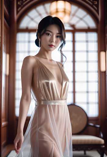 A woman is standing in front of a window with her back turned towards the camera. She is wearing a gold dress that falls down to her knees and has a high neckline. The room she's in appears to be a living space or bedroom, as indicated by the presence of a chair nearby.